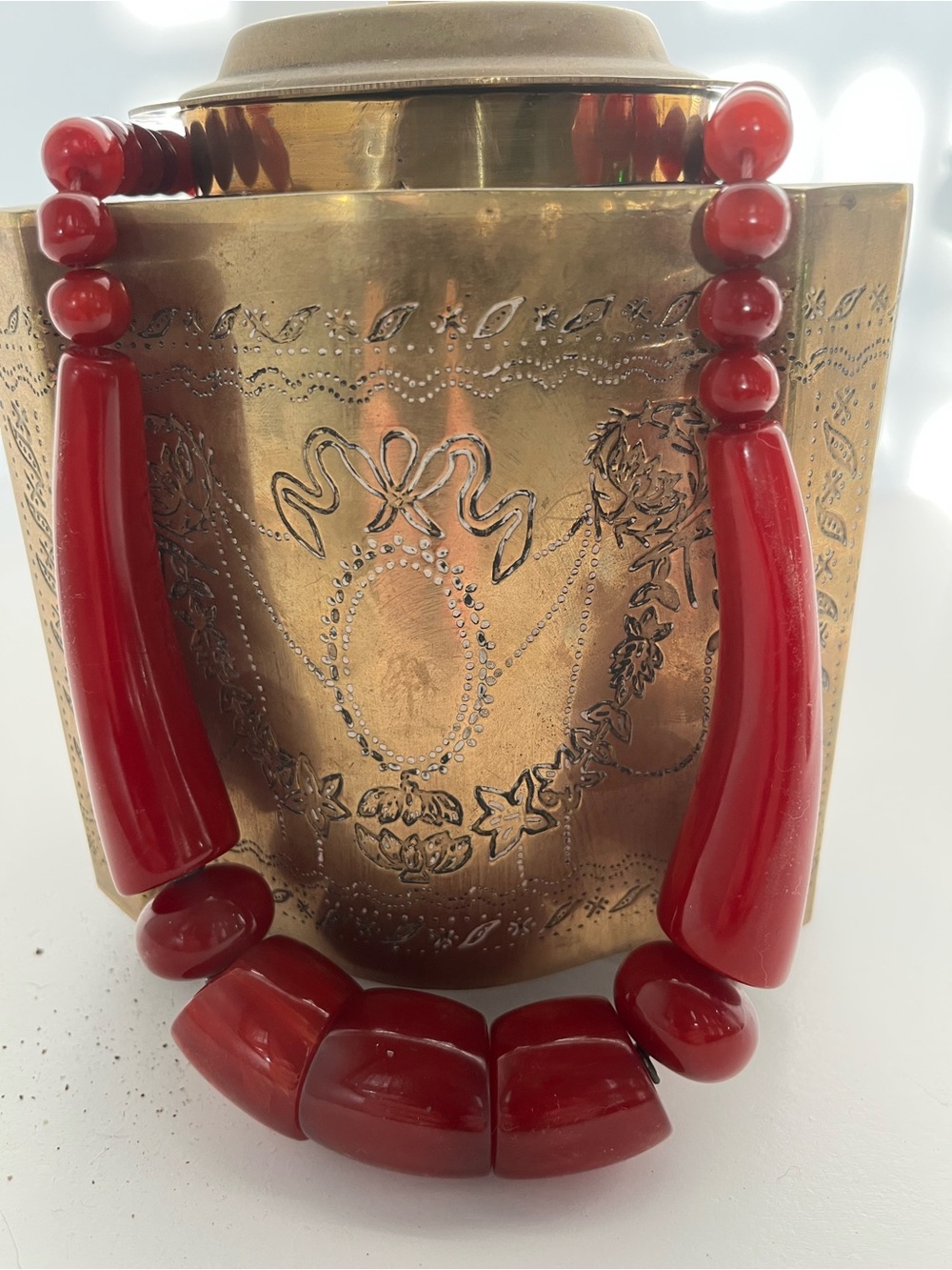 Lucite large red beads statement necklace.